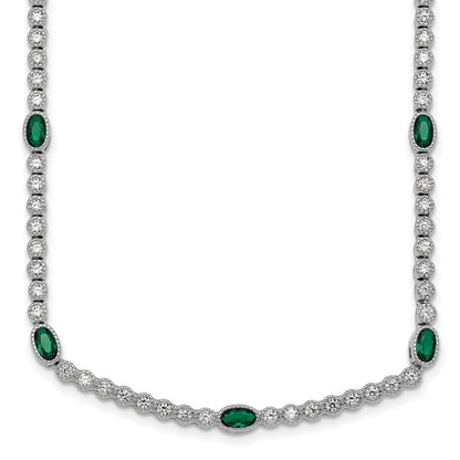 Sterling Silver and Beaded Fancy Oval Green and Round White CZ 17" Necklace