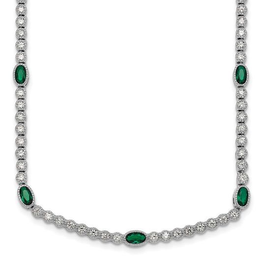 Sterling Silver and Beaded Fancy Oval Green and Round White CZ 17" Necklace