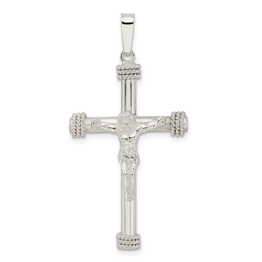 Sterling Silver Polished Rope Ends Hollow Crucifix Pendant