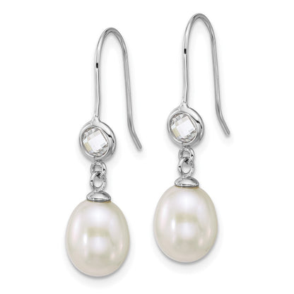 Sterling Silver White Rice Cultured Pearl & Glass Shepherd Hook Dangle Earrings