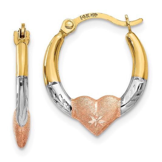 14k Yellow Gold & White and Rose Rhodium Heart Hoop Earrings