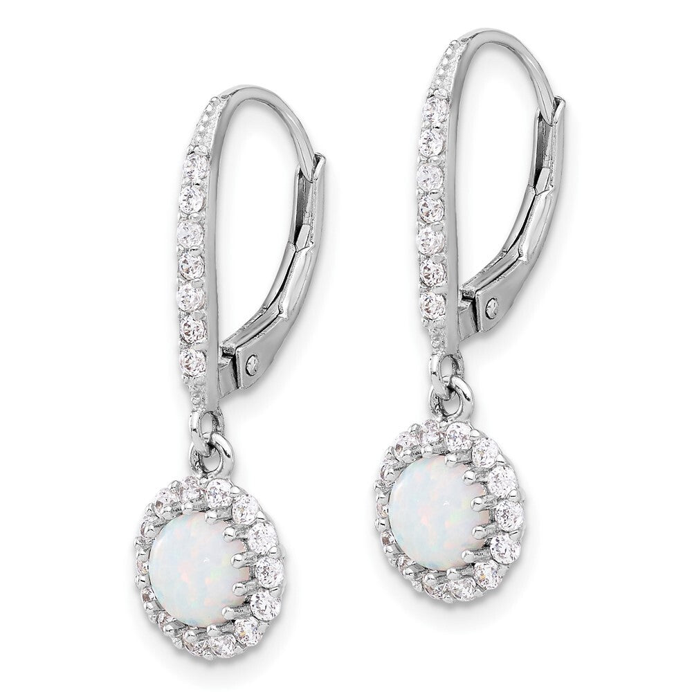 Sterling Silver Cubic Zirconia & Cr. Opal Halo Dangle Leverback Earrings