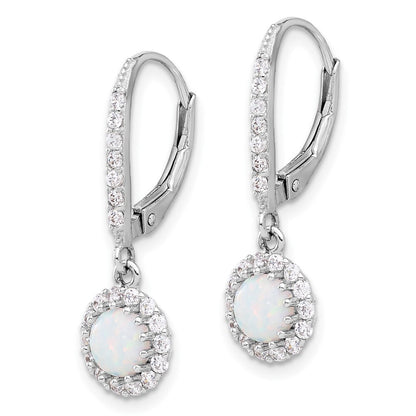 Sterling Silver Cubic Zirconia & Cr. Opal Halo Dangle Leverback Earrings