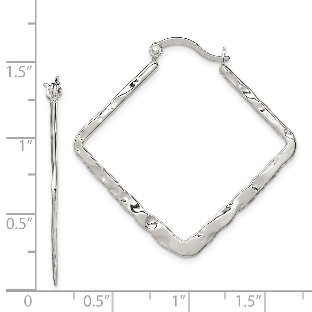 Sterling Silver Rhod-pltd Polished/Hammered Square Hoop Earrings