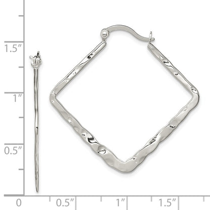 Sterling Silver Rhod-pltd Polished/Hammered Square Hoop Earrings