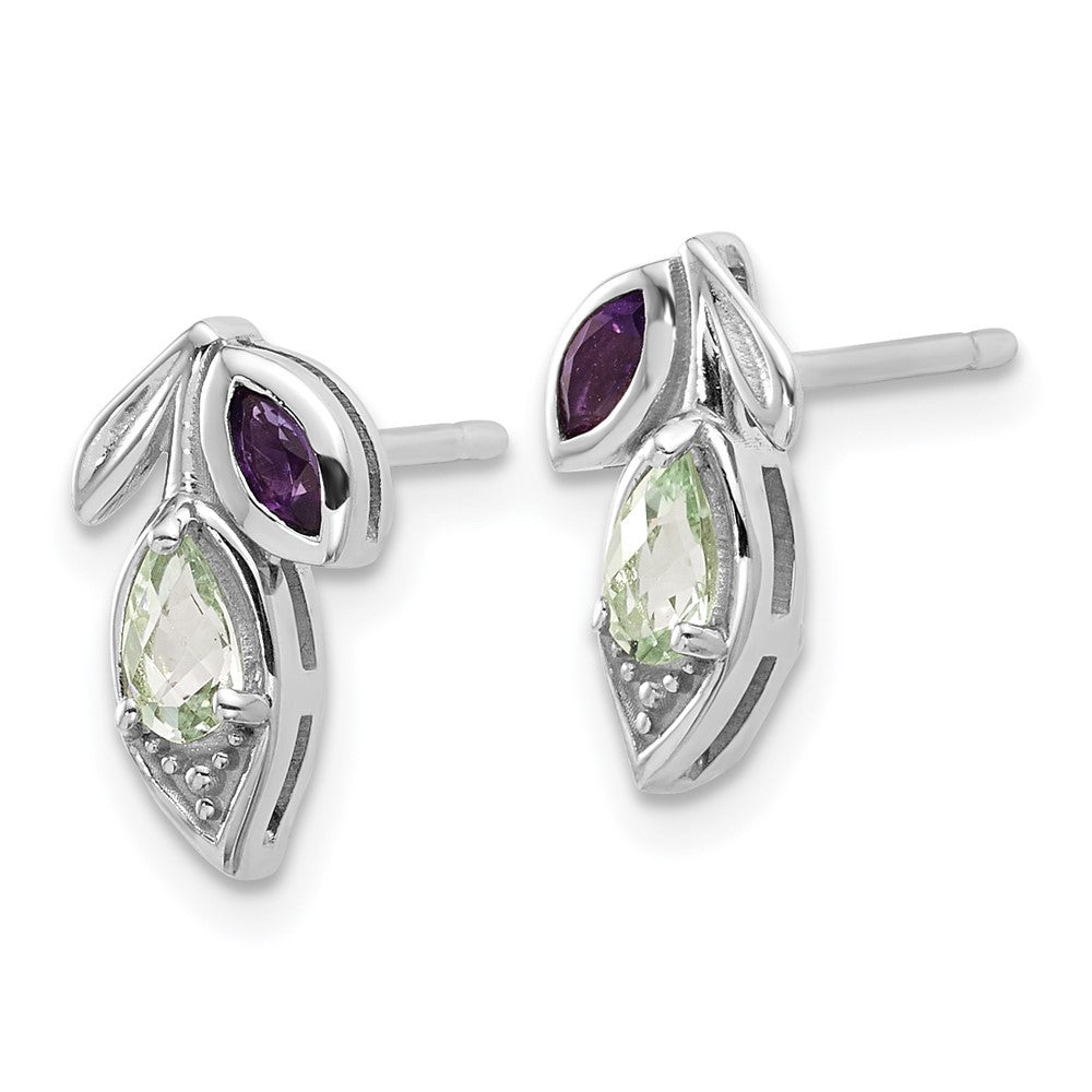 Sterling Silver Rhodium-plated Polished Amethyst and Green Quartz Leaf Earrings
