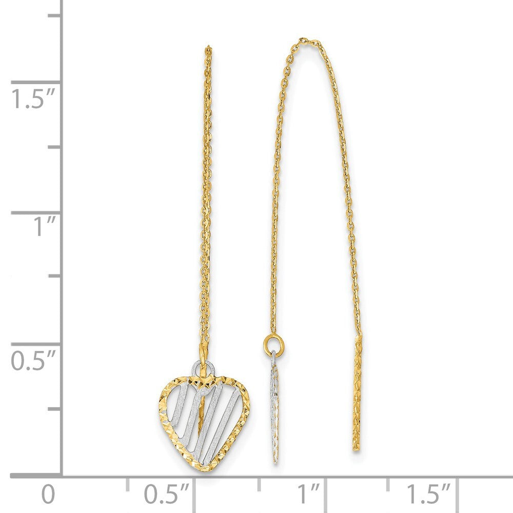 14k Yellow Gold & Rhodium Polished Satin and Diamond-cut Heart Threader Earrings