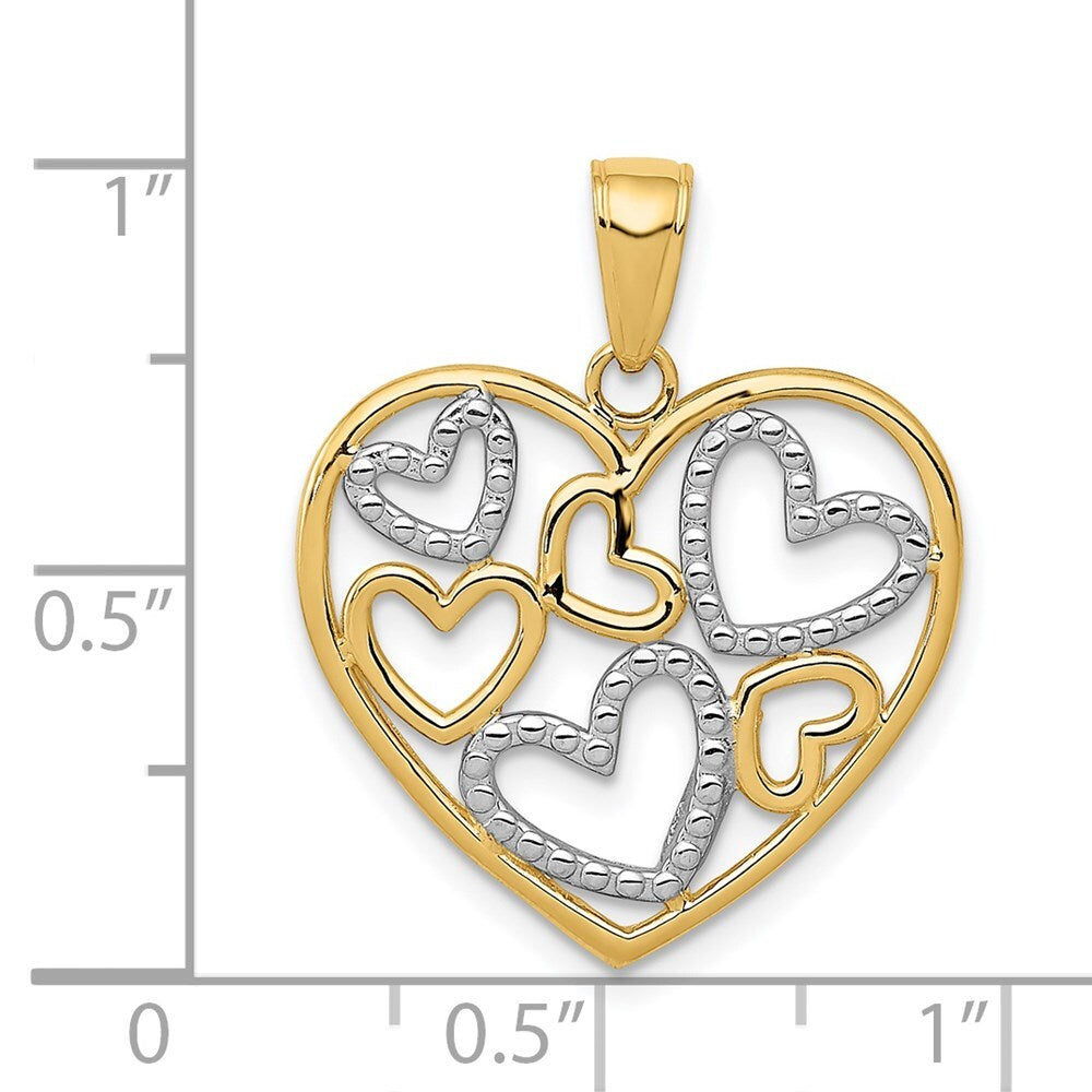 14k Yellow Gold and White Rhodium Polished Hearts inside Heart Pendant for Women