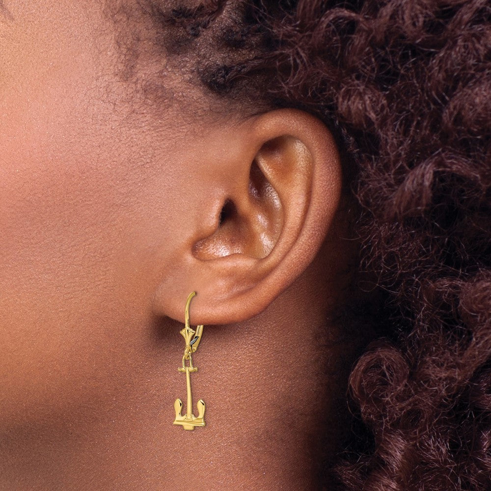 14k Yellow Gold Polished Navy Anchor Drop Dangle Earrings