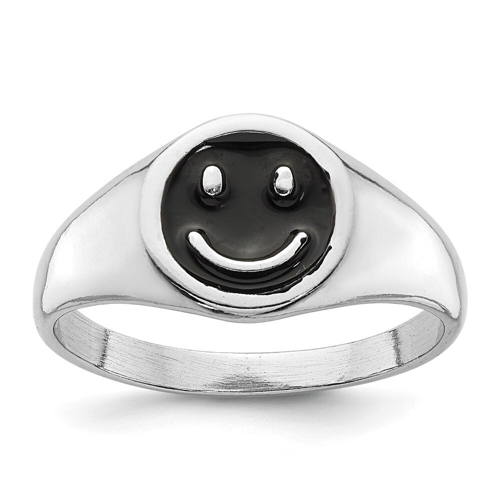 Sterling Silver Rhodium-plated Black Enamel Smiley Face Ring Size 6