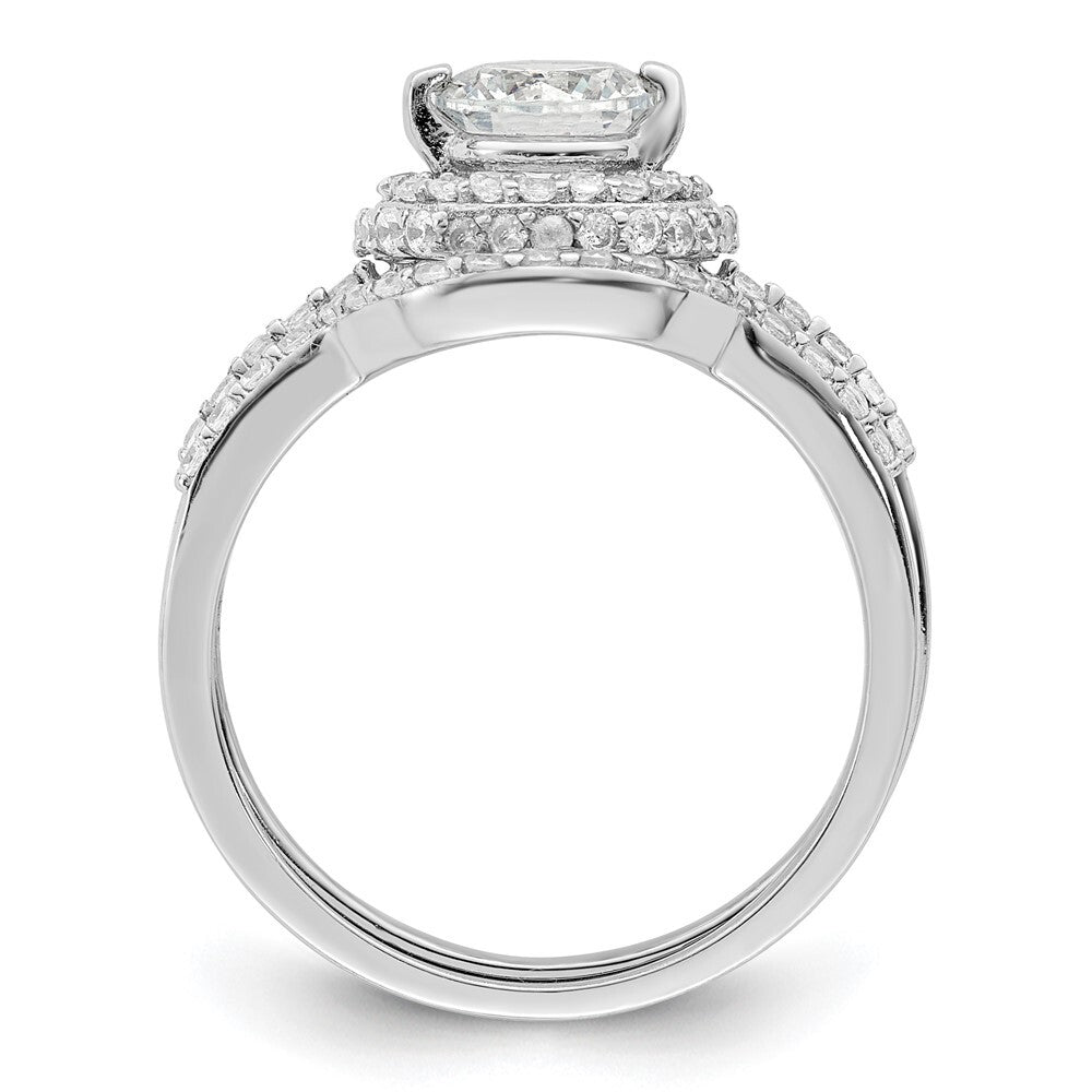 Sterling Silver Rhodium-plated CZ Halo Engagement Ring & Band Set Size 6