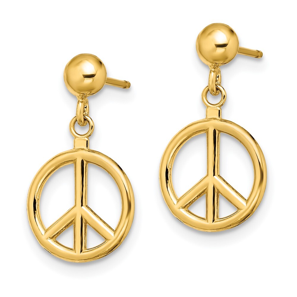 14k Yellow Gold 3-D Polished Peace Symbol Dangle Earrings Gift for Women