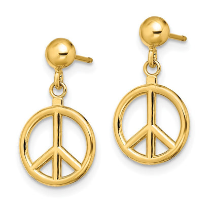 14k Yellow Gold 3-D Polished Peace Symbol Dangle Earrings Gift for Women