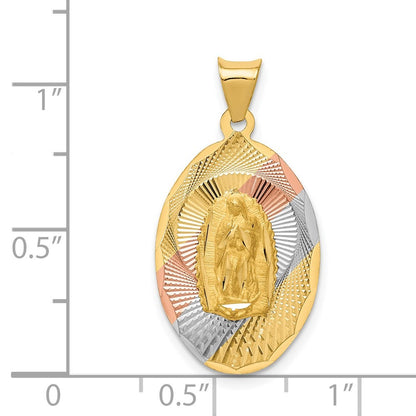 14k Yellow Gold w Rhodium Diamond-Cut Lady Of Guadalupe Oval Pendant