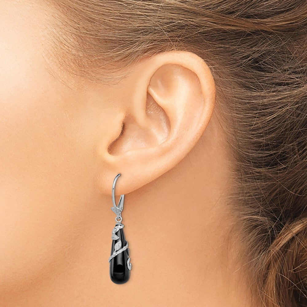 Sterling Silver Polished & Diamond-cut Wrapped Onyx Teardrop Dangle Earrings