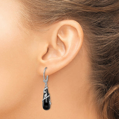 Sterling Silver Polished & Diamond-cut Wrapped Onyx Teardrop Dangle Earrings