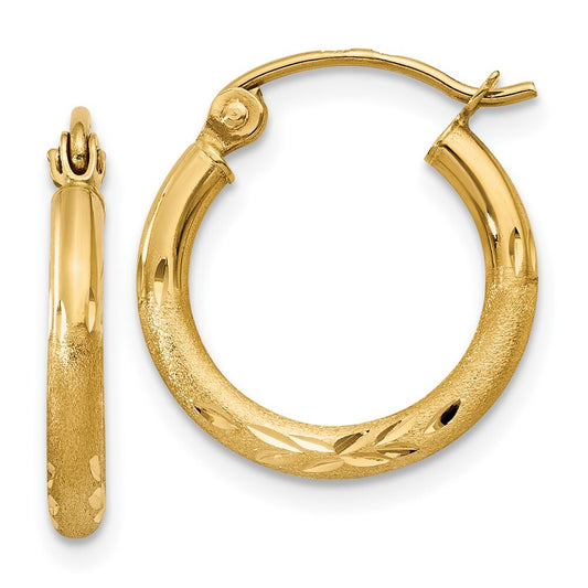 14k Yellow Gold Satin and Diamond-cut 2mm Round Tube Hoop Earrings