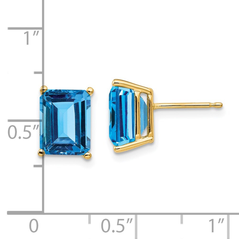 14k Yellow Gold 9x7mm Emerald Cut Blue Topaz Stud Earrings Gift for Women