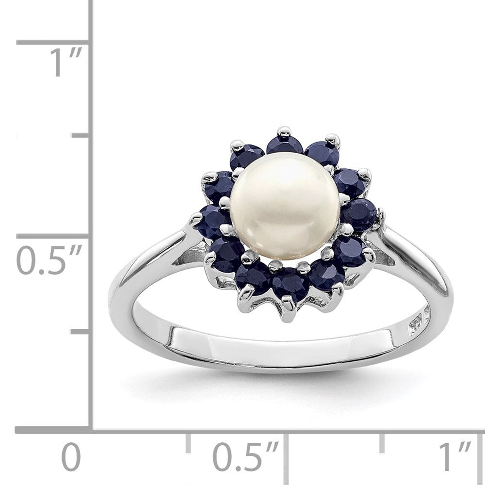 Sterling Silver Rhod 6mm FW Cultured Button Pearl & Sapphire Ring Size 6