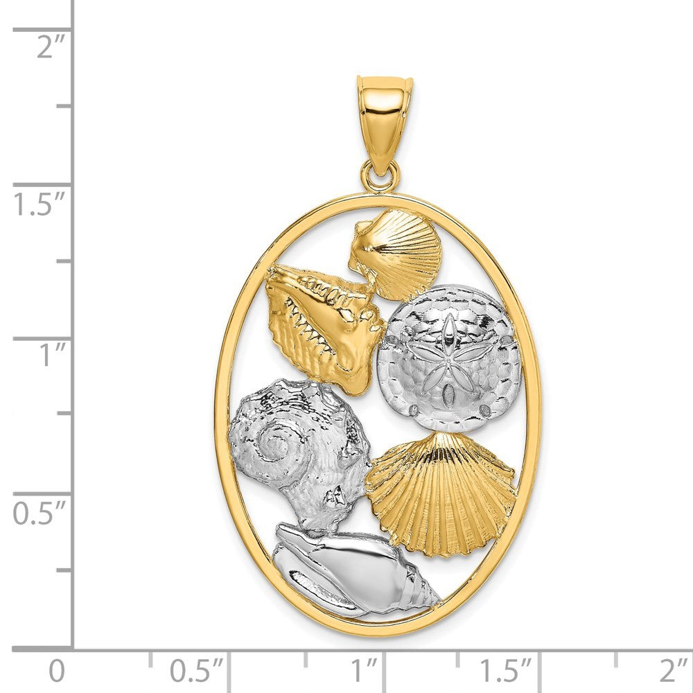 14k Yellow Gold with White Rhodium Shell Cluster In Oval Frame Charm