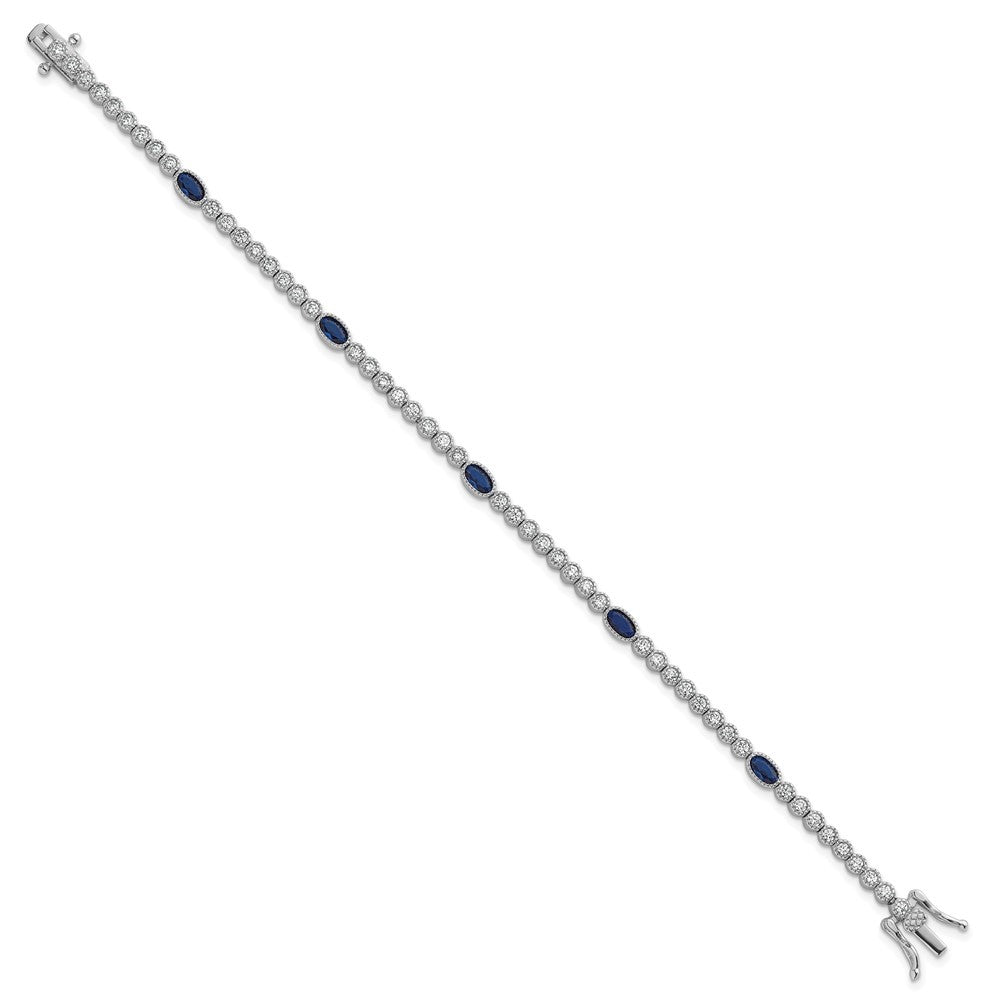 Sterling Silver and Beaded Fancy Oval Blue and Round White CZ 7" Bracelet