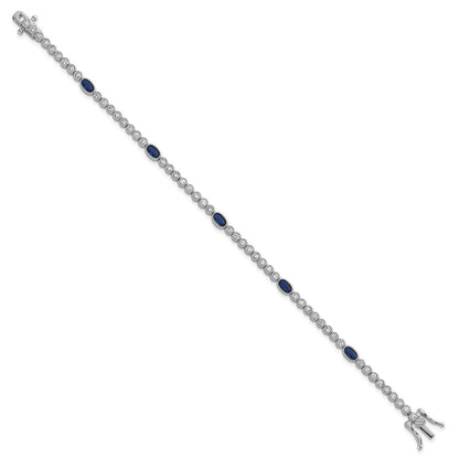 Sterling Silver and Beaded Fancy Oval Blue and Round White CZ 7" Bracelet