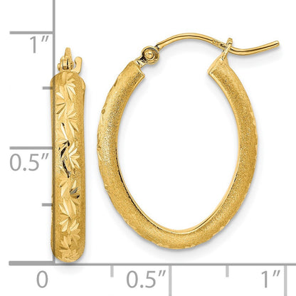 14k Yellow Gold Polished and Satin Diamond-cut Oval Hoop Earrings