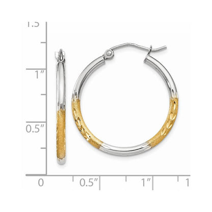 14k Yellow Gold White Rhodium 2mm Satin and Polished Diamond-cut Hoop Earrings