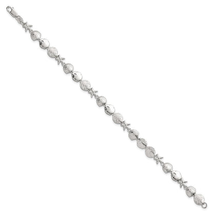 Sterling Silver  Textured Starfish, Sand Dollar, and Sea Shell 7.25" Bracelet