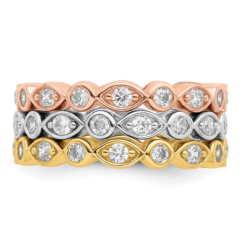 Sterling Silver Vermeil Trio Cubic Zirconia Rings Size 8