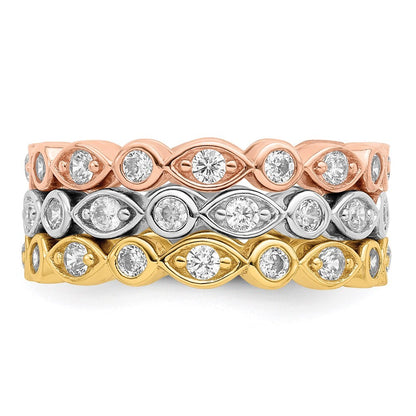 Sterling Silver Vermeil Trio Cubic Zirconia Rings Size 8