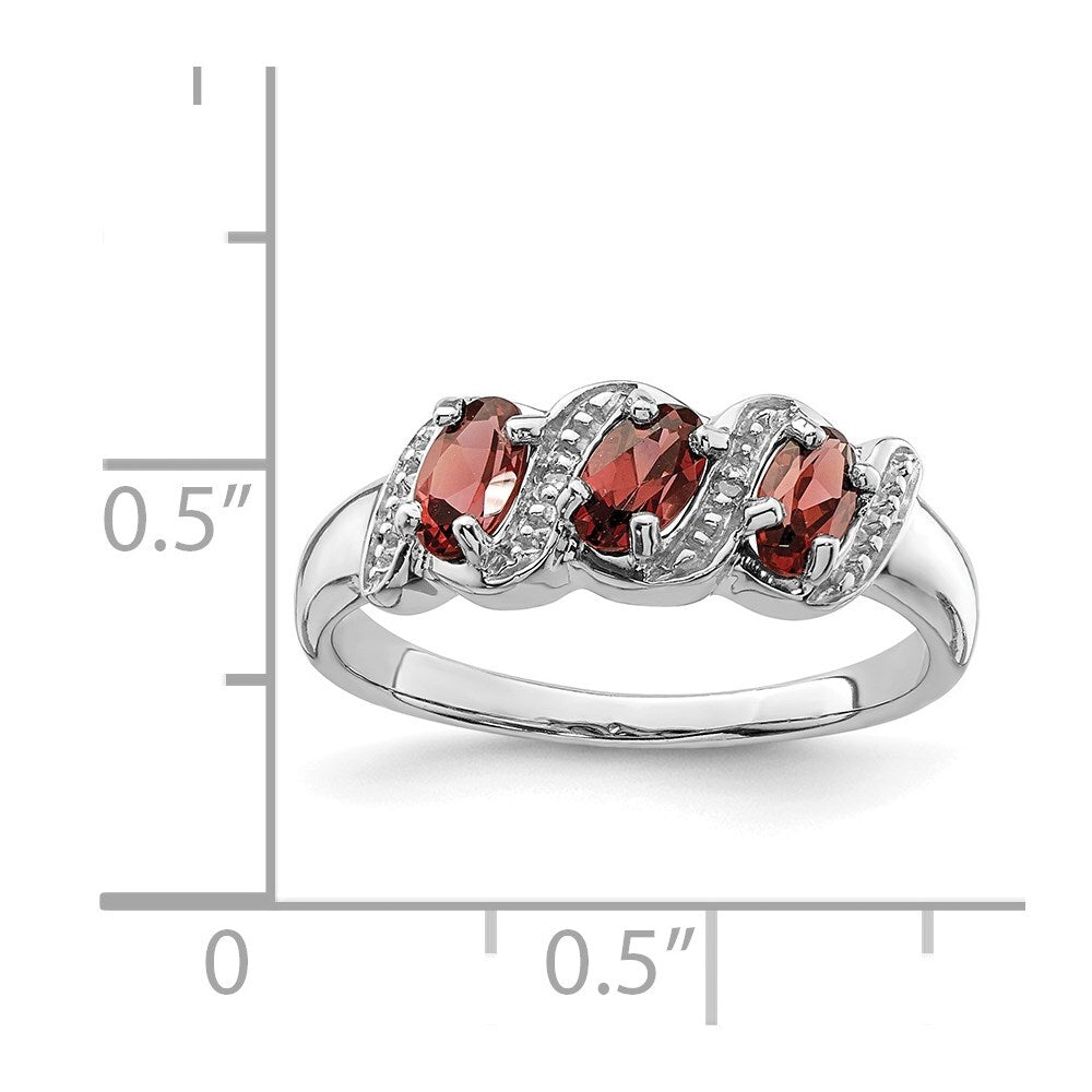 Sterling Silver Rhodium-plated 3 Stone Garnet & Diamond Ring Size 6