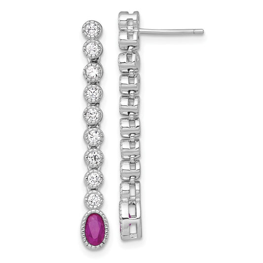 Sterling Silver Polished and Beaded Oval Red and Round CZ Dangle Earrings