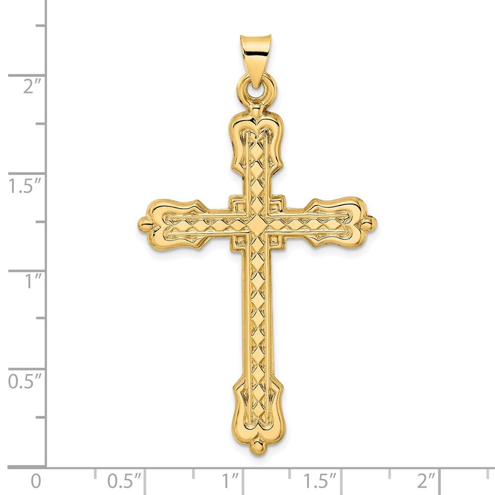 14k Yellow Gold Polished Diamond Pattern Hollow Cross Pendant for Women