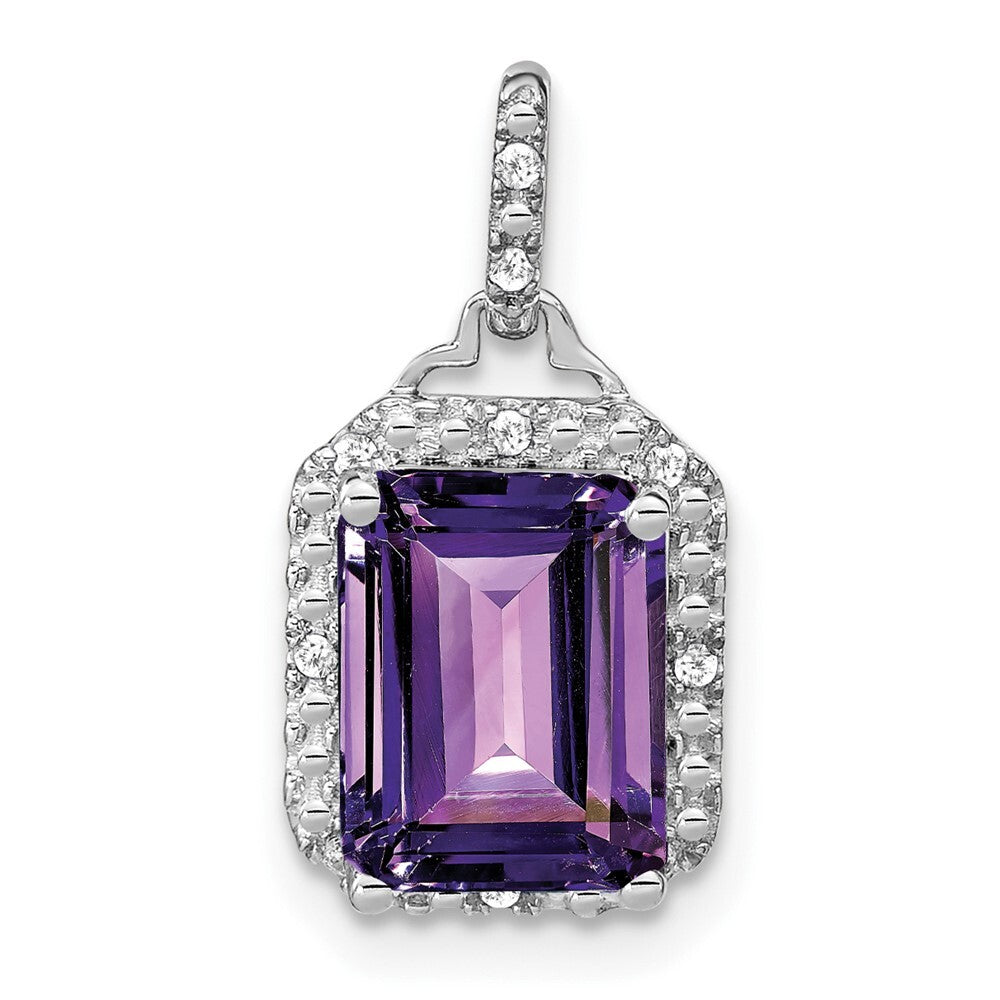 14k White Gold Emerald-cut Amethyst and Diamond Halo Pendant for Women