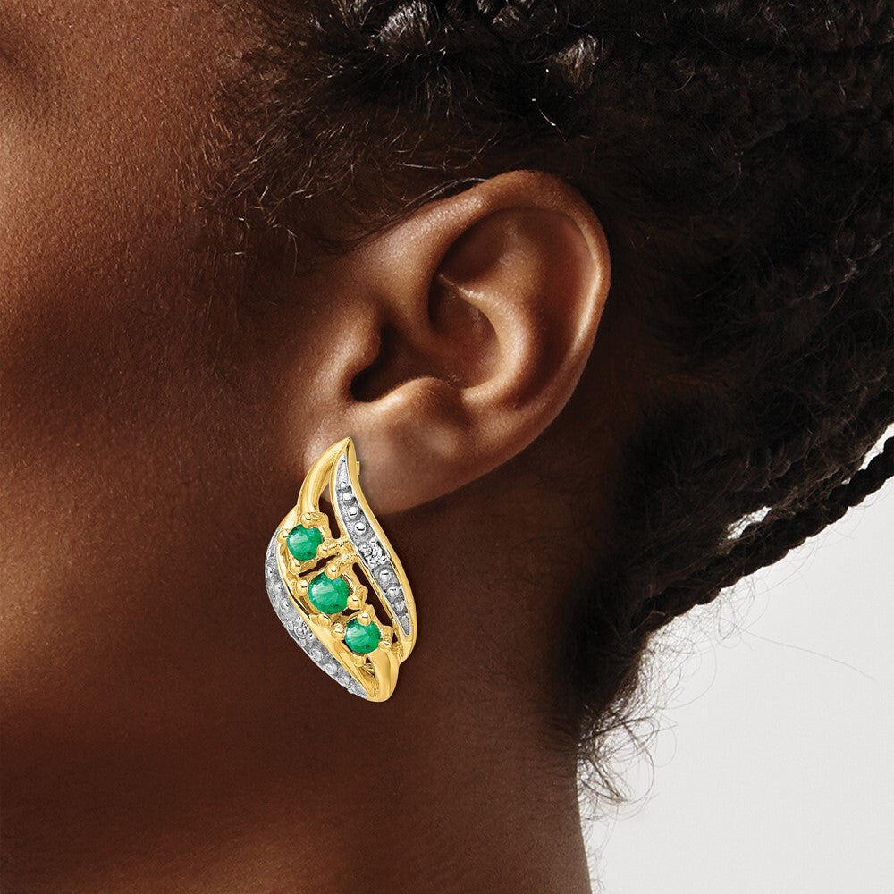 14k Yellow Gold Emerald and Diamond Polished Drop & Dangle Earrings