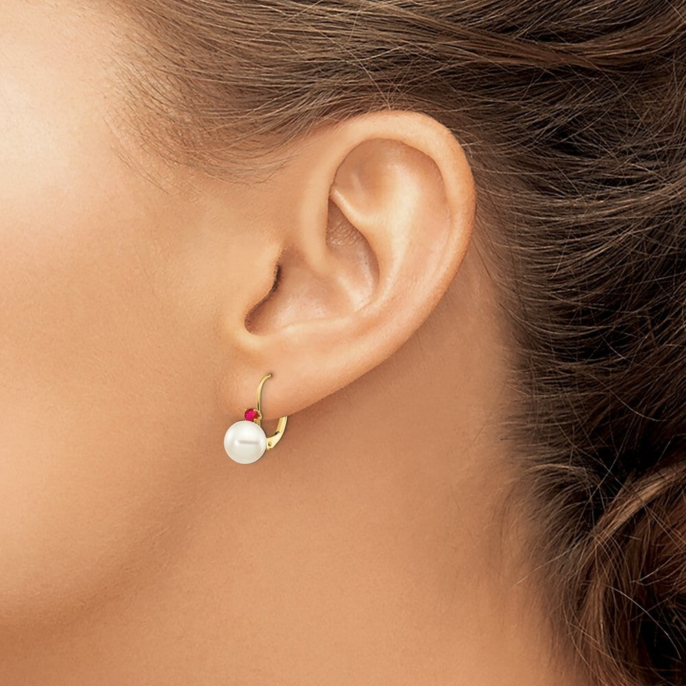 14k Yellow Gold 7-7.5mm White Round FW Cultured Pearl Ruby Leverback Earrings