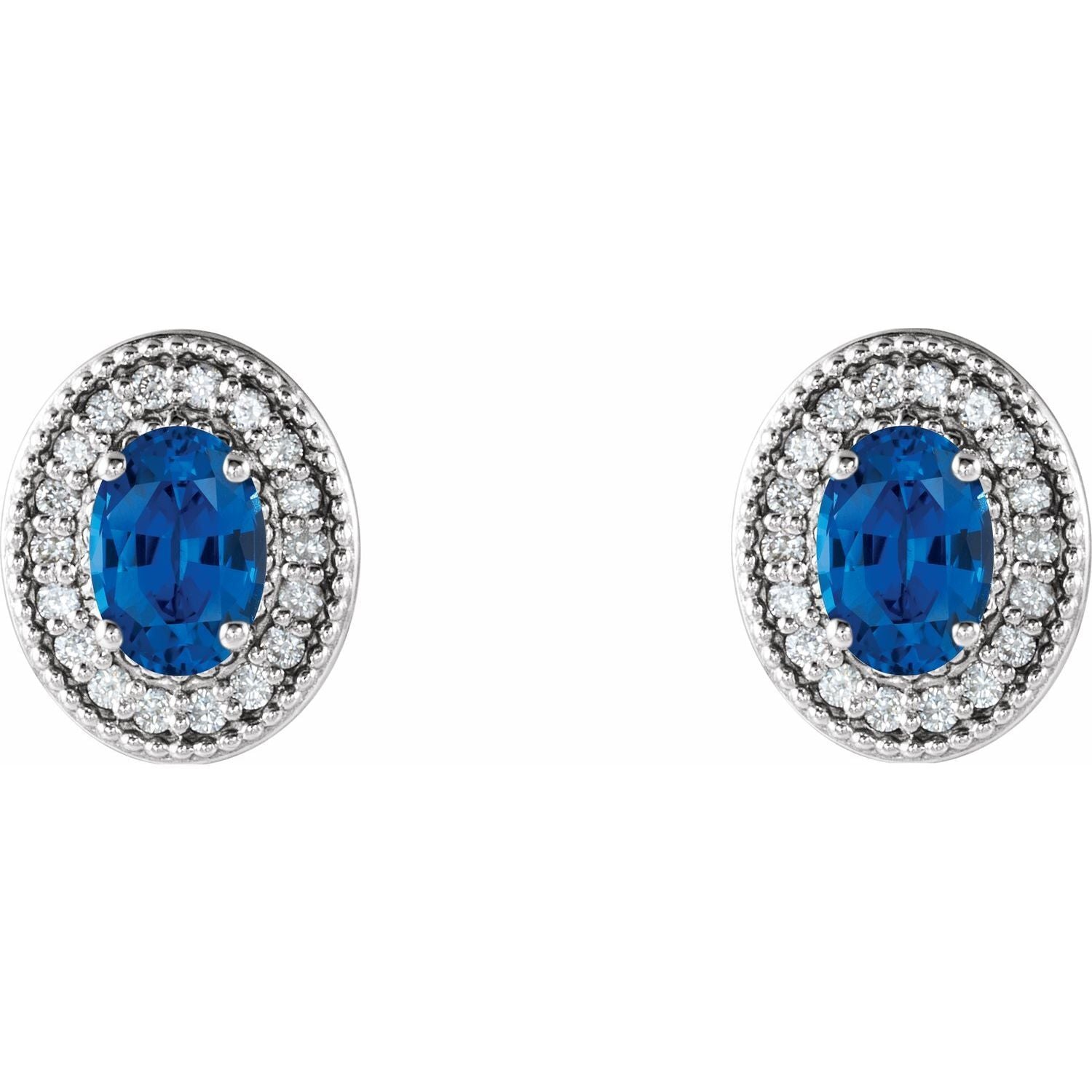 14k White Gold 6x4 mm Blue Sapphire and 1/5 CTW Diamond Halo-Style Stud Earrings