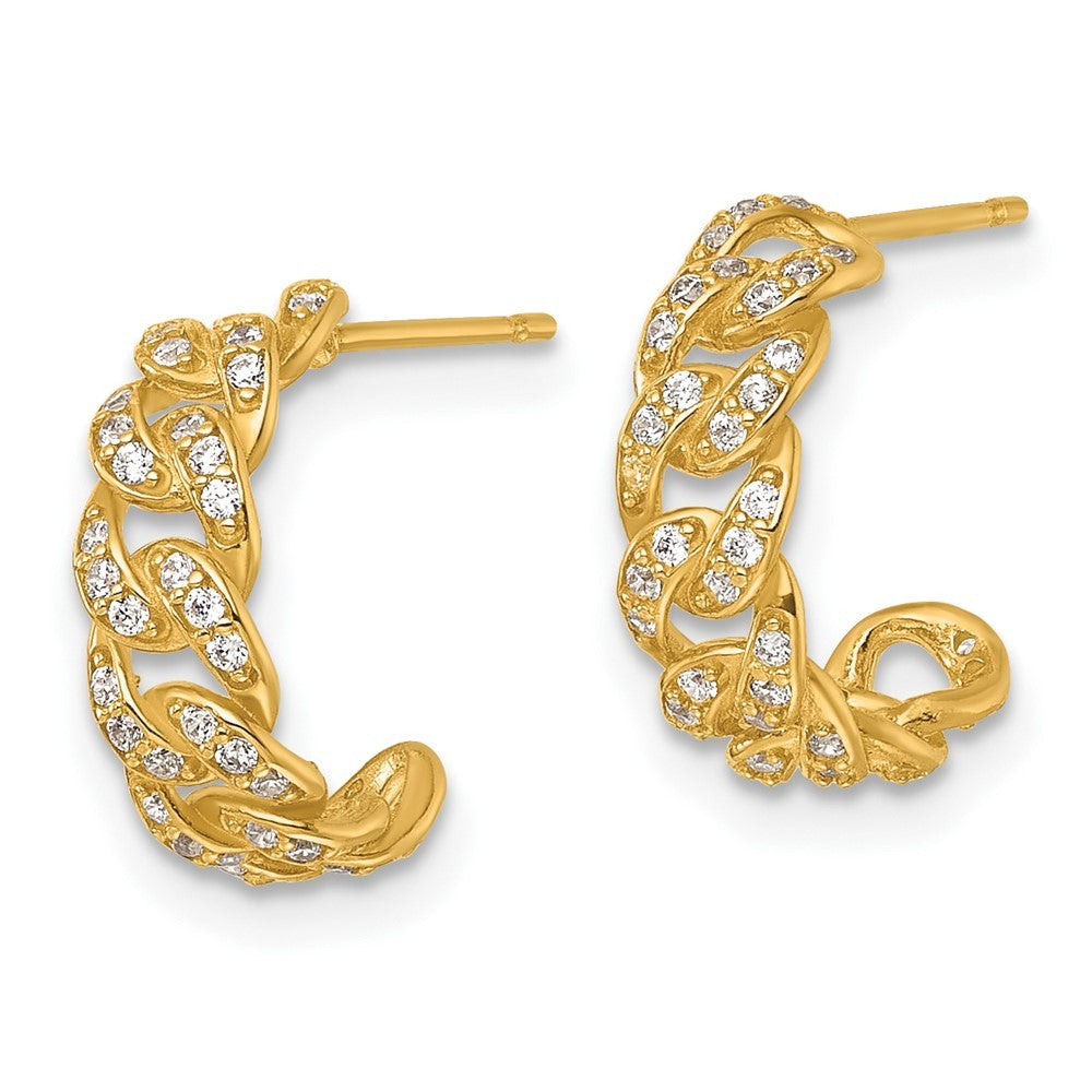 14k Yellow Gold Polished CZ Curb Link C-Hoop Earrings