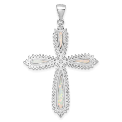 Sterling Silver White Created Opal & Cubic Zirconia Border Cross Pendant