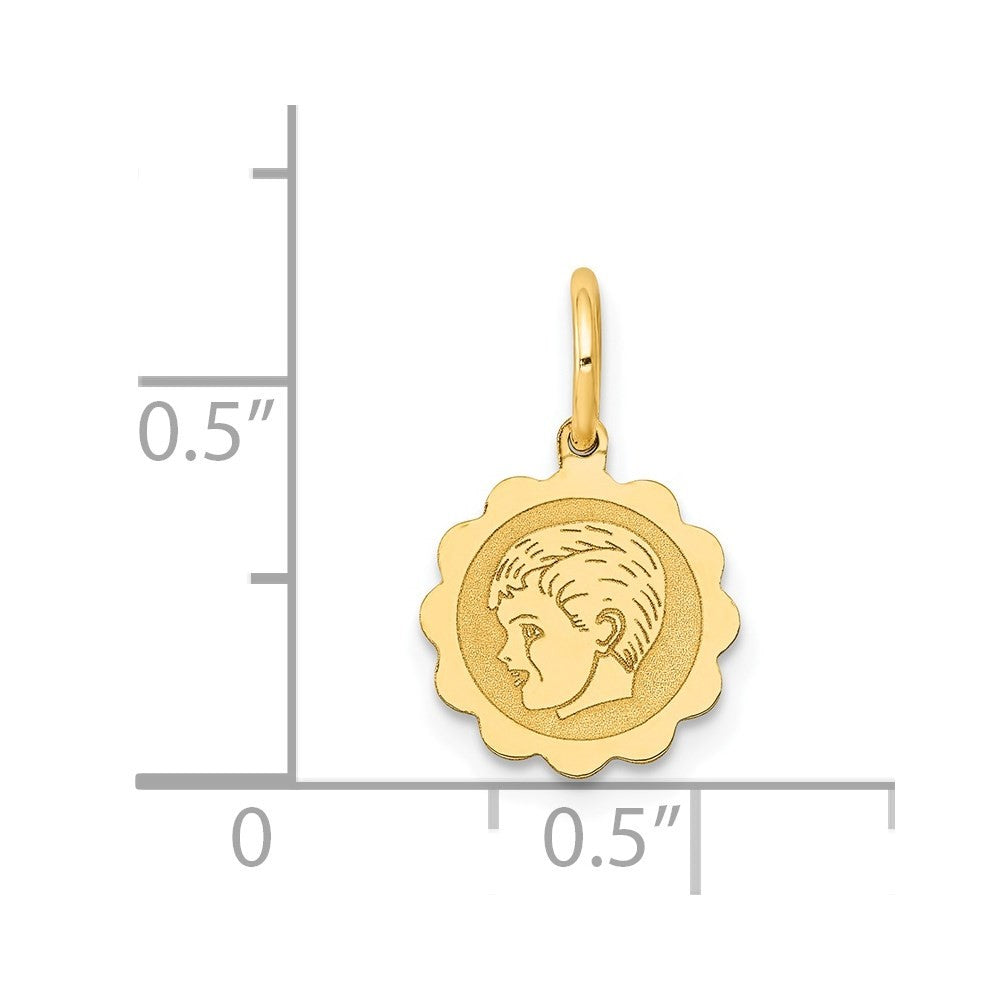 14k Yellow Gold Boy Head on .009 Gauge 10mm Engravable Scalloped Disc Charm