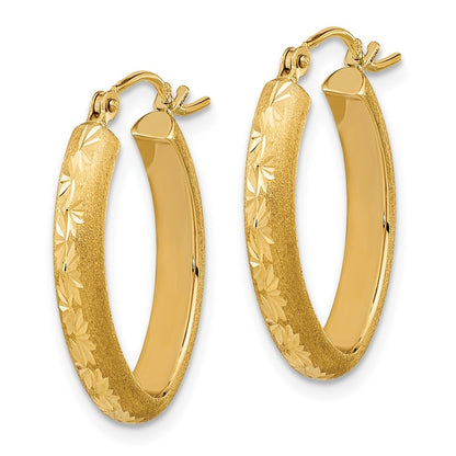 14k Yellow Gold Polished and Satin Diamond-cut Oval Hoop Earrings