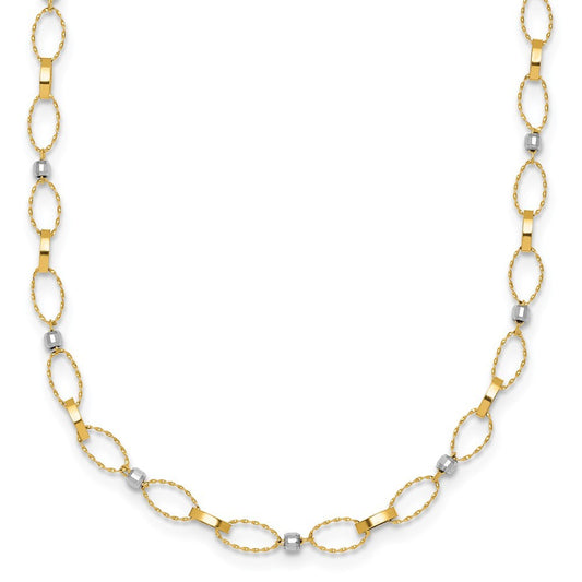 14k Two-tone Gold Polished Twisted Fancy Oval Links Faceted Beads Necklace 18"