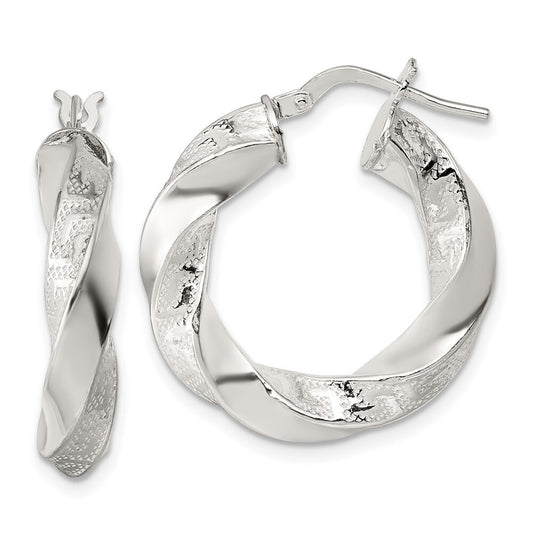 Sterling Silver Polished Greek Key 5mm Twisted Hoop Earrings