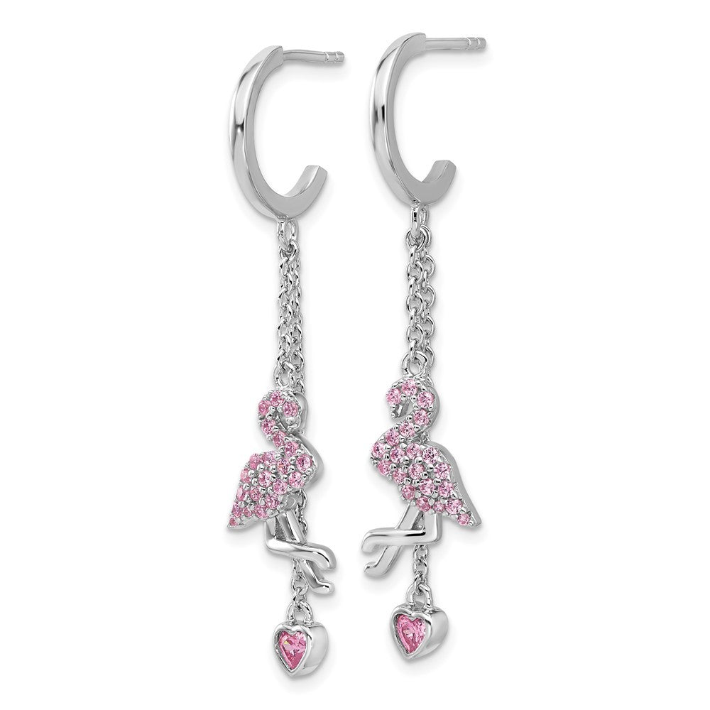 Sterling Silver Rhodium-plated Pink CZ Flamingo Heart Hoop Earrings