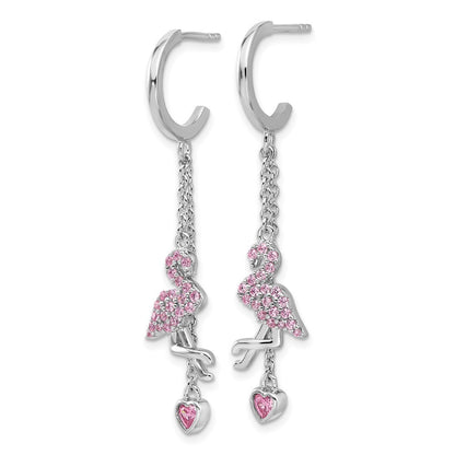 Sterling Silver Rhodium-plated Pink CZ Flamingo Heart Hoop Earrings