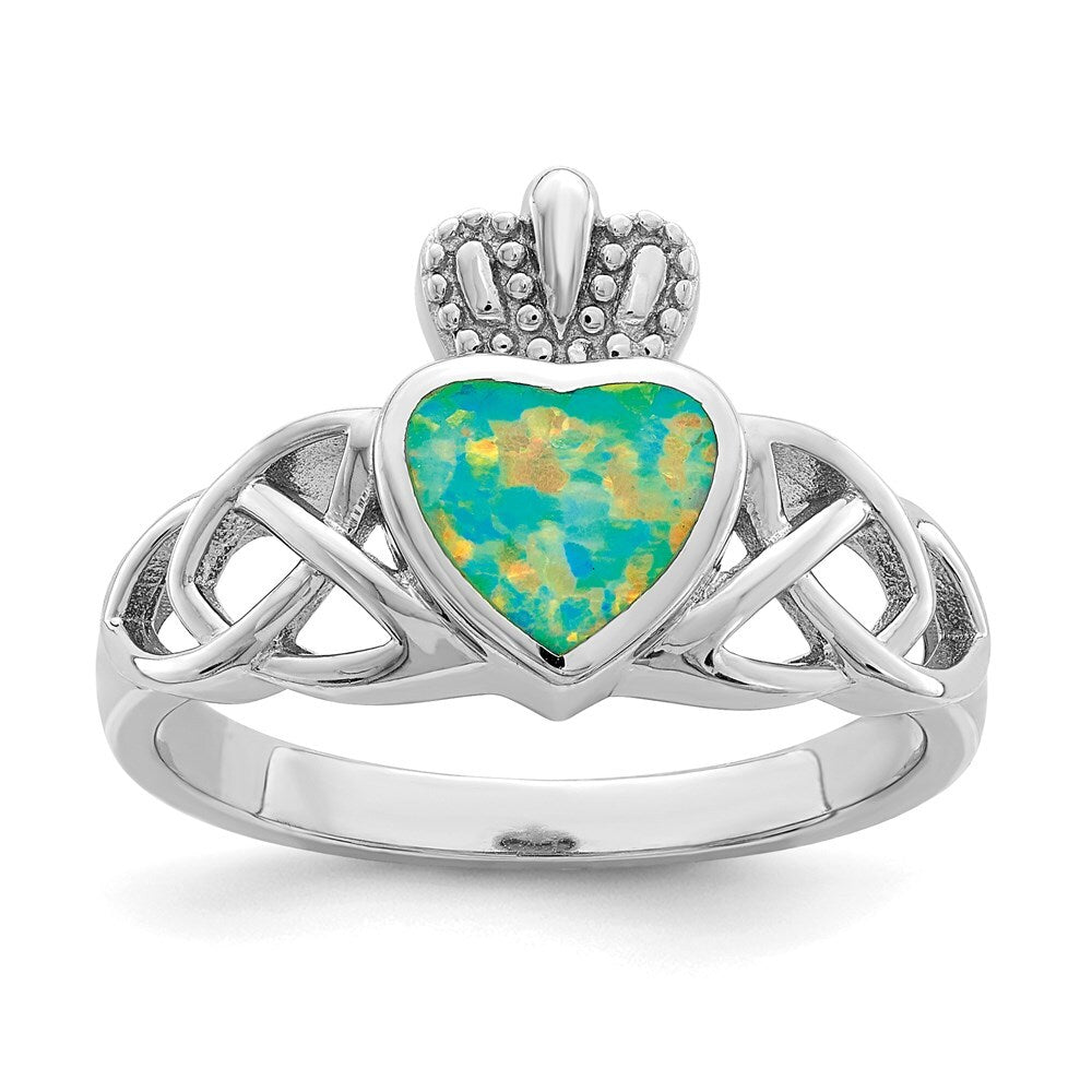 Sterling Silver Rhod-plated Lab Created Opal Celtic Knot Crown Ring Size 7