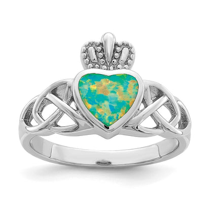 Sterling Silver Rhod-plated Lab Created Opal Celtic Knot Crown Ring Size 7