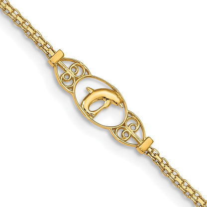 14k Yellow Gold Polished Dolphin and Filigree Bismark Chain 10 inch Anklet