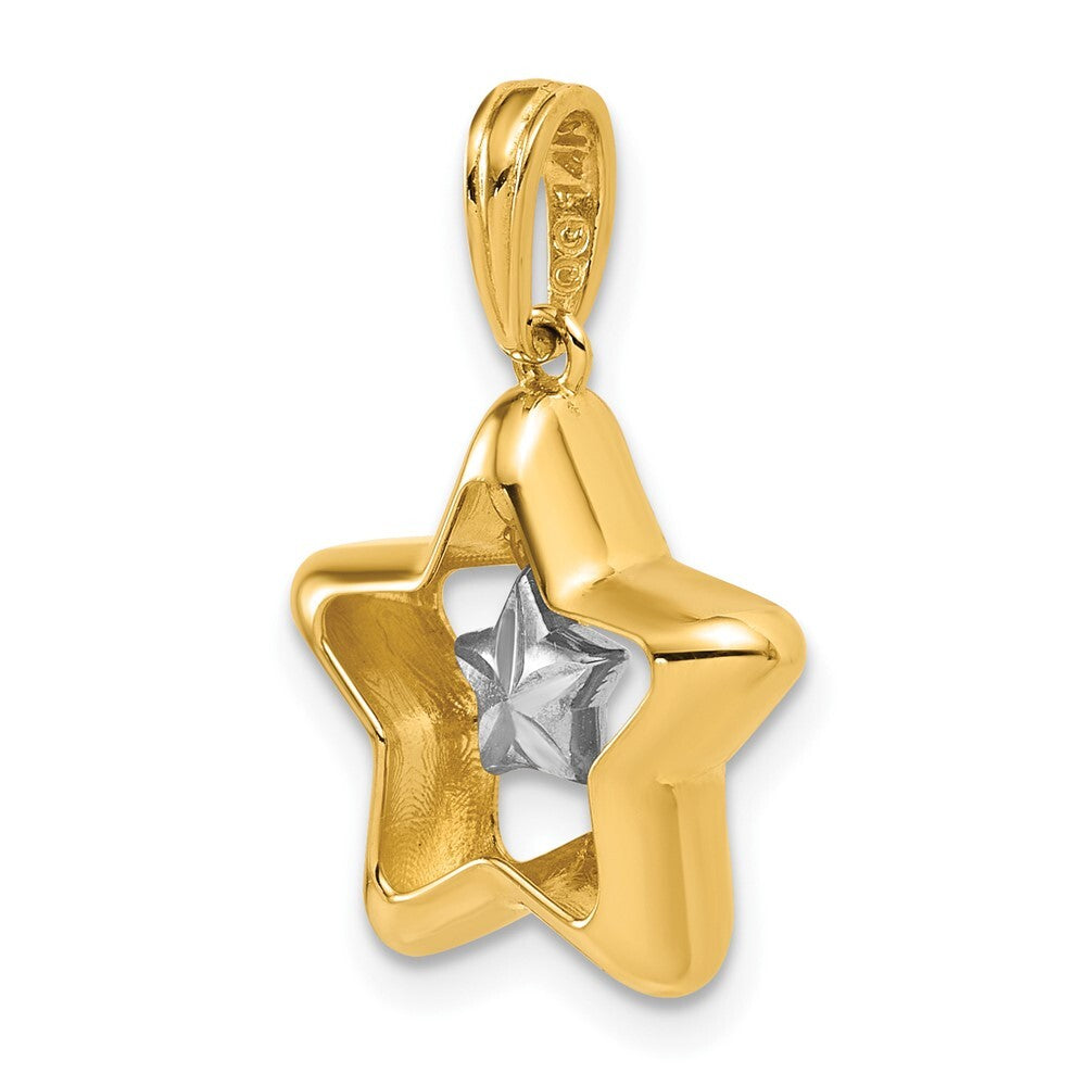 14k Yellow Gold with White Rhodium Polished Star In Star Dangle Charm Pendant